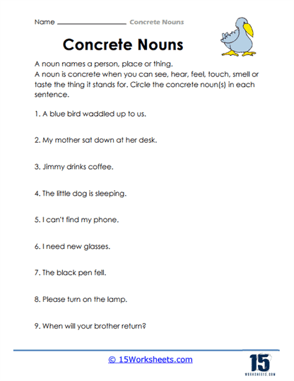 Concrete Noun Worksheet For Class 3
