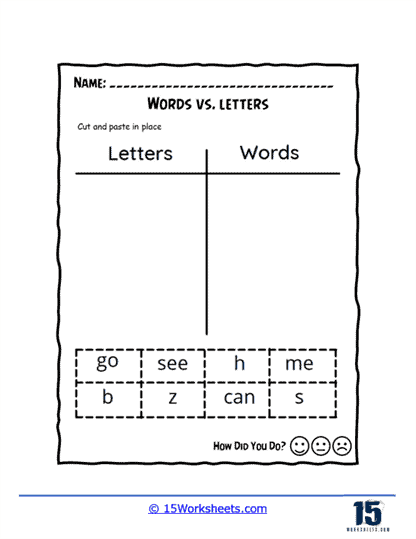 Words vs. Letters Columns Worksheet