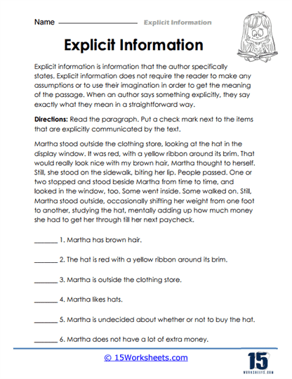 Explicit Information Worksheets