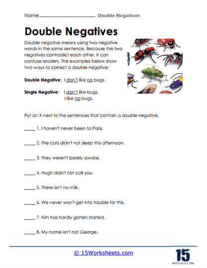 Double Negative Worksheets