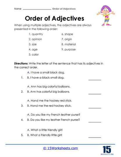 Order of Adjectives Worksheets