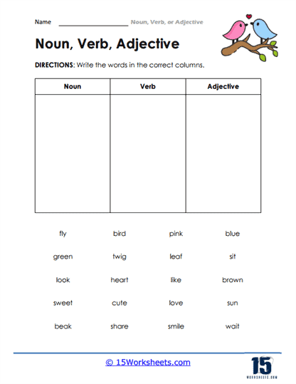 Identify Nouns Adjectives And Verbs Worksheets Nouns 