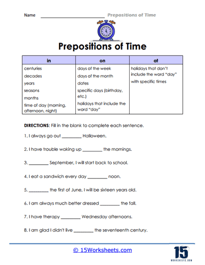 Prepositions of Time Worksheets