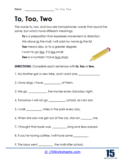To, Too, Two Worksheets