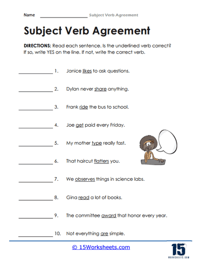 grammar worksheets verb agreement