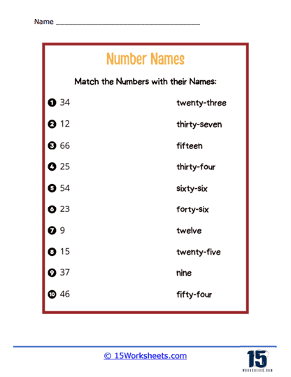 Matching Words and Digits Worksheet