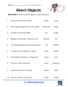 Direct Objects Worksheets | Identify Action Receivers - 15 Worksheets.com