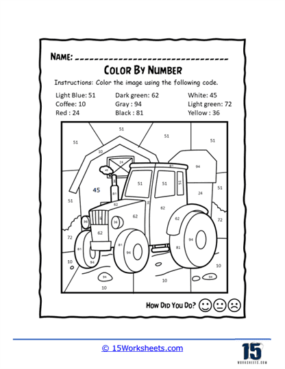 Tractor Color By Number Worksheet