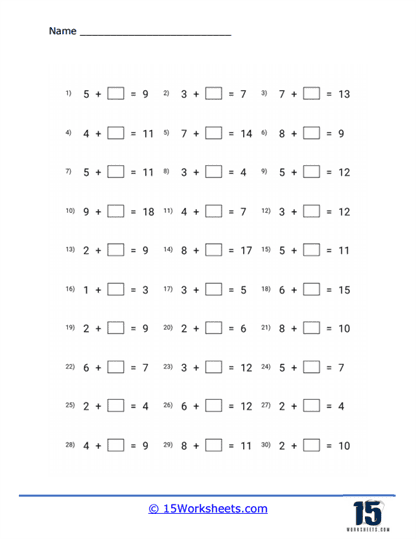Single Digit Addition Boxes