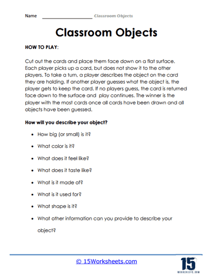 Classroom Objects Game Worksheet