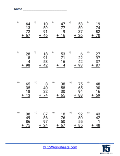 Adding 4 Numbers Worksheets