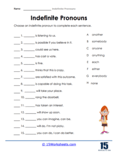 Indefinite Pronouns Worksheets Worksheets Com