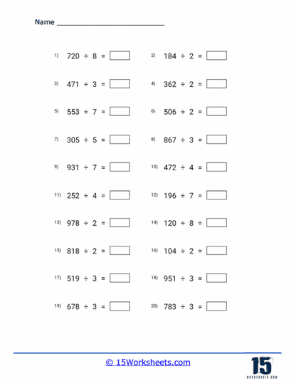 3-digit by 1-digit Division Worksheets