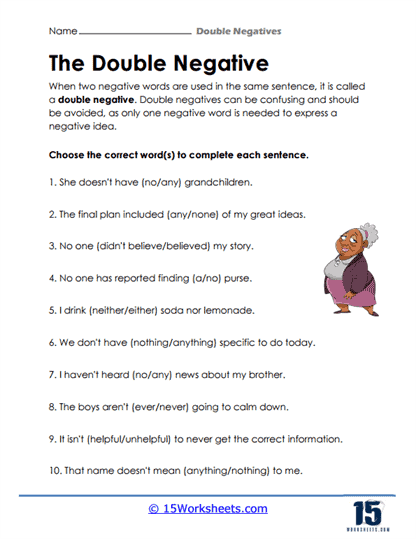 Double Negatives Worksheet 1