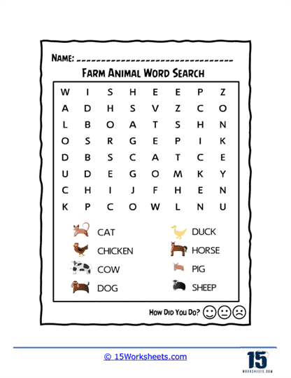 Farm Animal Word Search Worksheet