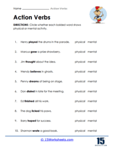 Action Verbs Worksheets