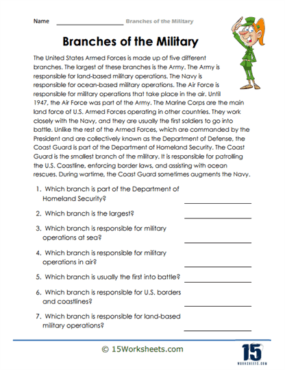 Branches of the Military Worksheets