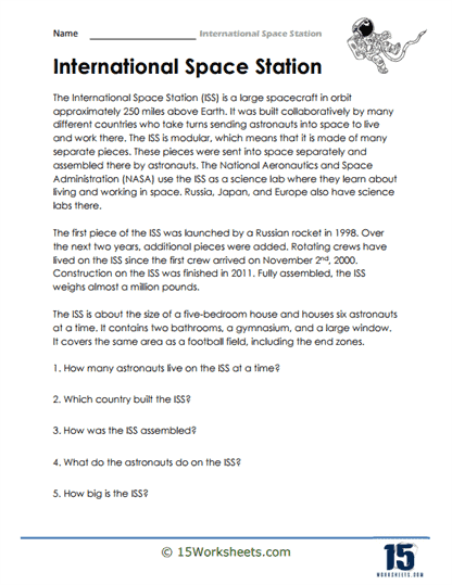 International Space Station Worksheets