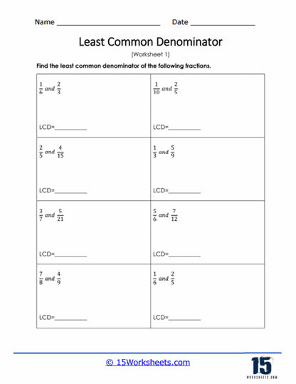 Least Common Denominator of Fractions Worksheet