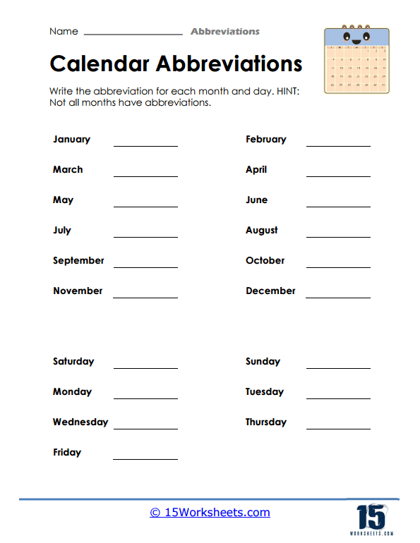 Calendar Abbreviations Worksheets 15 Worksheets com