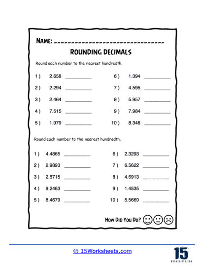 Rounding Decimals to the nearest whole number, one decimal place, two  decimals