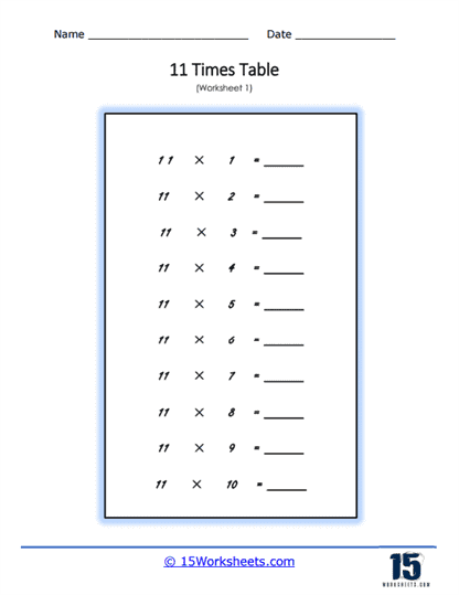 11 Times Tables Worksheets 15 Worksheets