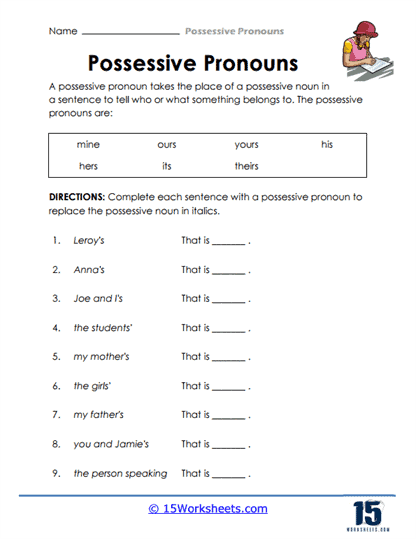 Possessive Pronouns Worksheets Worksheets Com