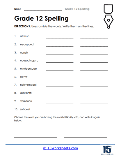 Unscramble Grade 12 Words Worksheet