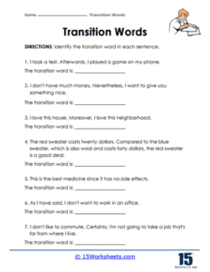 Transition Words Worksheets - 15 Worksheets.com