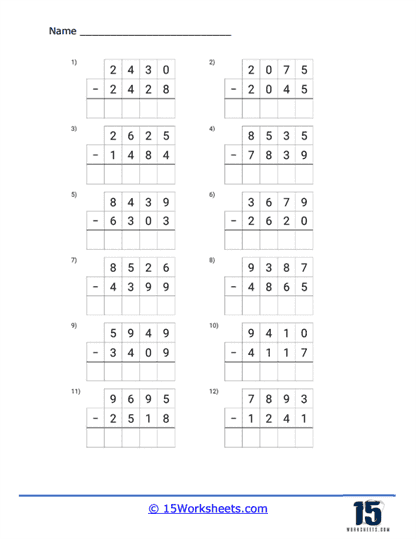 Grid Style Subtract 4-Digits Worksheet