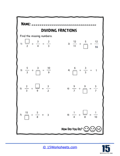 Missing Parts of Fraction Quotients Worksheet