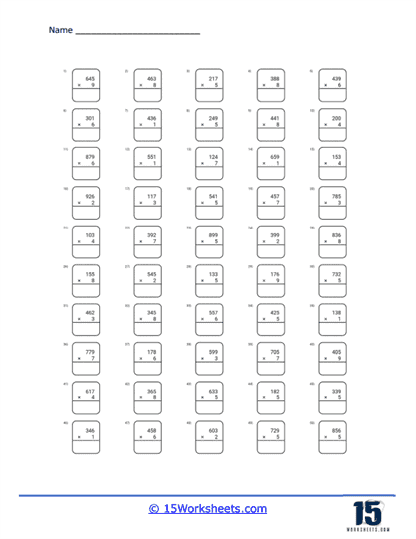 3 by 1 digit Multiplication Pack Worksheet
