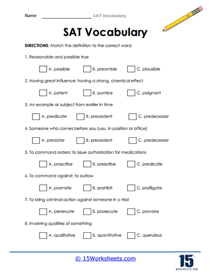SAT Vocabulary Word Worksheets