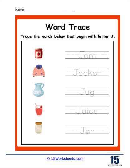 Trace J Words Worksheet