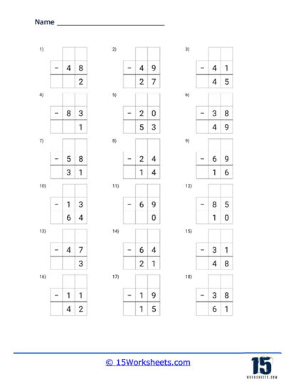 Double Digits Minuends Grid Worksheet