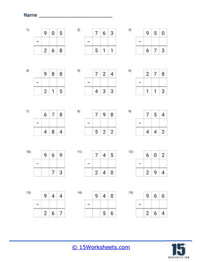 3-Digit Subtrahend Grids Worksheet