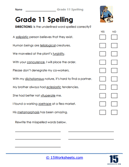11th Grade Spelling Worksheets