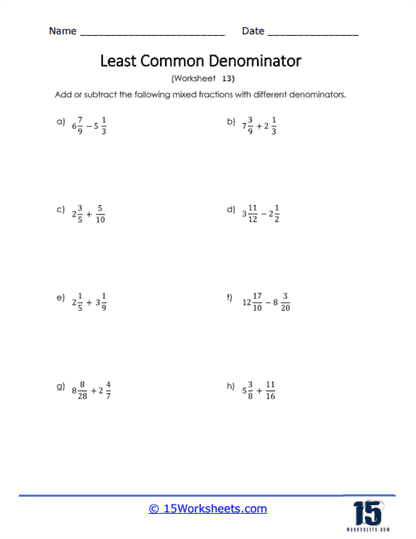 Mixed Fractions with Different Denominators Worksheet