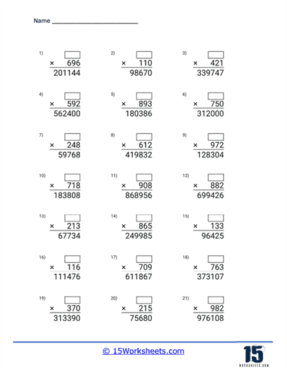 Triple Digit Multiplication Worksheets
