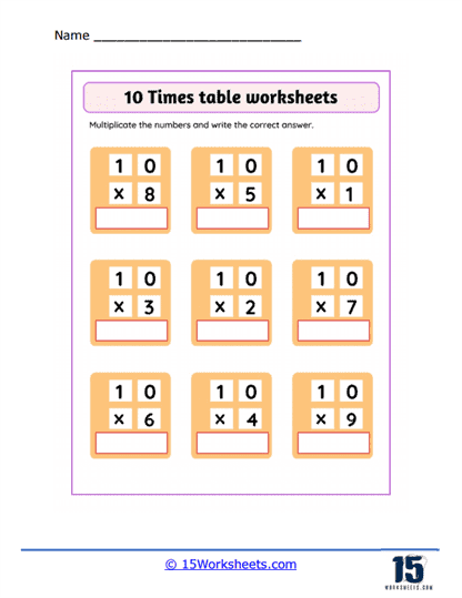 Vertical 10 Times Tables Worksheet