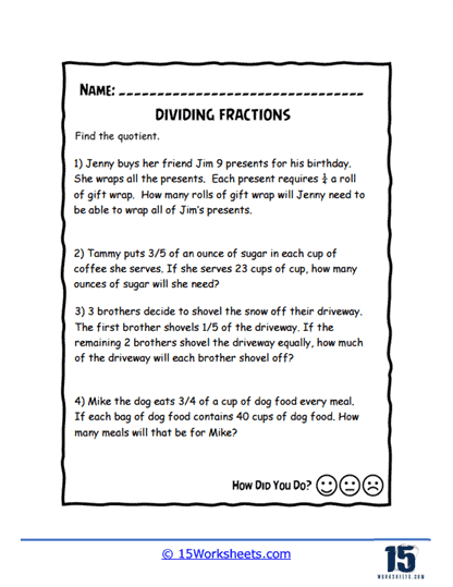 Fraction Division Word Problems Worksheet