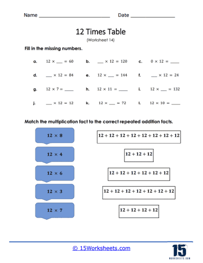 12 Times Tables Worksheets