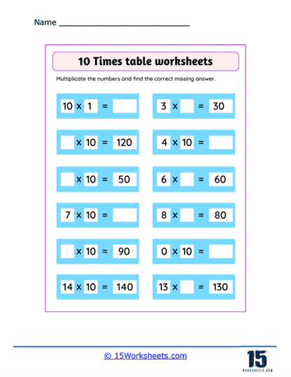 Horizontal 10 Times Tables Worksheet
