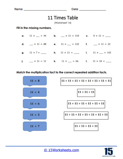 11 Times Tables Review Worksheet