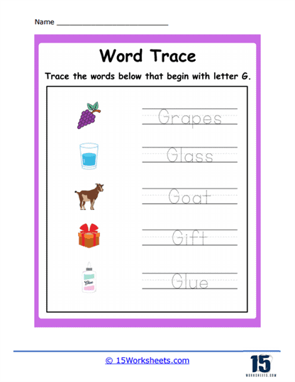 Trace G Words Worksheet