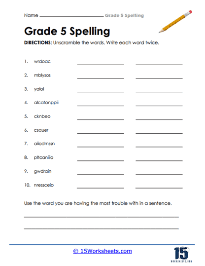 5th Grade Word Scramble Worksheet