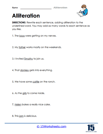 Underlined Alliteration Worksheet