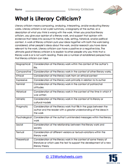 Literary Criticism Worksheets