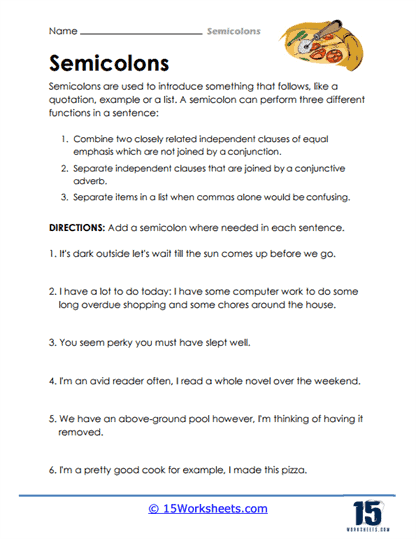 Where's The Semicolon Worksheet