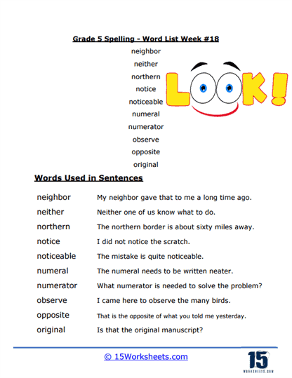 Week #18 Word List - N & O Words